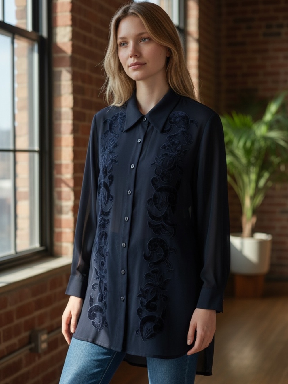 Spiegel Black Embroidered Sheer Button-Front Long Sleeve Blouse